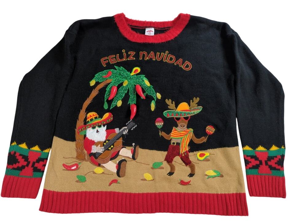 Holiday Time Feliz Navidad Sweater S Ugly Xmas Bells Chili Peppers Funny